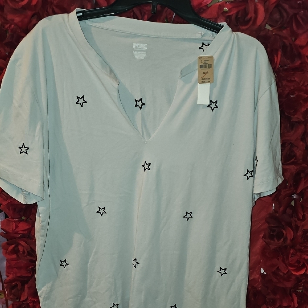 PINK Victoria's Secret NWT Cream Relaxed Short Sleeve Star Tee Size XLarge